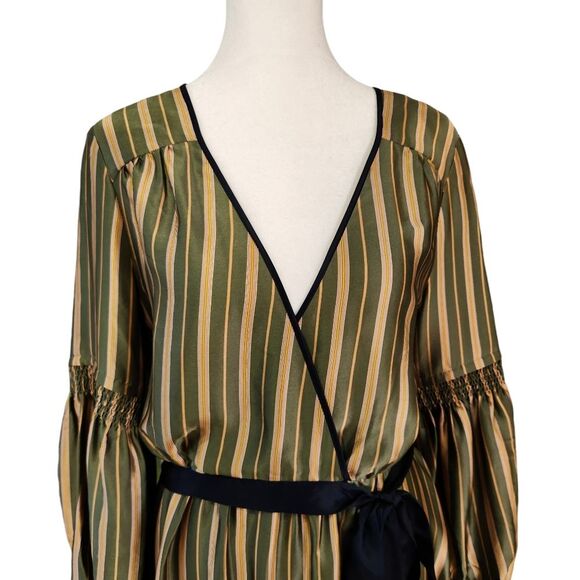 BCBG MaxAzria Vintage Silk Dress Green Yellow Striped Faux Wrap Women's Small - Picture 2 of 12